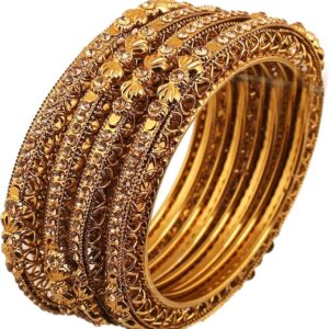 Touchstone "Golden Bangle Collection Ethnic Style Filigree Work Rhinestone Indian Bollywood Designer Jewelry Metal Bangle Bracelets in Antique Gold Tone for Women. Set of 4.